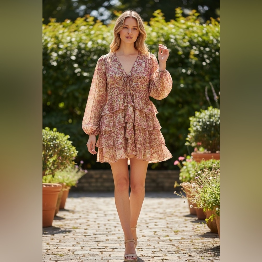 Storia Floral Tiered Mini Dress - Pink and Cream